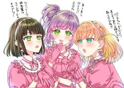  3girls ara_ara black_hair blunt_bangs blunt_ends blush bow cerise_bouquet clenched_hands collarbone commentary_request dress dress_bow earrings flower_earrings flower_hairband frilled_dress frills gloves green_eyes hairband hand_on_own_chin highres hinoshita_kaho jealous jewelry link!_like!_love_live! looking_at_another love_live! meiji_(mosamoo3) momose_ginko multiple_girls neck_ribbon open_mouth otomune_kozue pink_dress pink_gloves pink_ribbon puffy_short_sleeves puffy_sleeves reflection_in_the_mirror_(love_live!) ribbon short_hair short_sleeves simple_background translation_request virtual_youtuber white_background white_hairband 