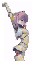 1girl android blue_eyes blunt_bangs blush breasts highres joints looking_at_viewer mechanical_arms mechanical_legs original pink_hair robot_joints small_breasts smile solo stretching sukabu two_side_up vest white_background white_vest rating:General score:14 user:danbooru