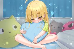  1girl ahoge bare_legs barefoot blonde_hair blush brown_eyes closed_mouth commentary_request curtains green_pajamas green_shirt half-closed_eyes heart heart-shaped_pillow highres hugging_object indoors long_hair original pajamas pillow pillow_hug shirt short_eyebrows short_sleeves sitting smile solo thick_eyebrows tsukiman very_long_hair wavy_mouth 