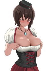 10s 1girl adjusting_clothes alternate_costume blush breasts brown_eyes brown_hair cleavage dirndl german_clothes girls_und_panzer hat jewelry large_breasts necklace nishizumi_maho p_kotarou short_hair simple_background solo white_background rating:Questionable score:41 user:danbooru