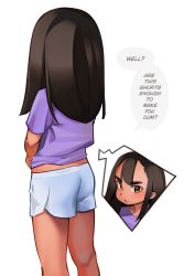  1girl black_hair blush english_text female_focus flat_chest from_behind highres kochita loli presenting sexually_suggestive shorts simple_background solo speech_bubble tagme  rating:Questionable score:138 user:Zanubio