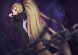  1girl absurdres belt black_dress chain dress hand_on_own_hip high_ponytail highres hilda_(under_night_in-birth) long_hair long_sleeves looking_back magic multicolored_clothes multicolored_dress rai_inase red_eyes solo swept_bangs under_night_in-birth very_long_hair white_dress 