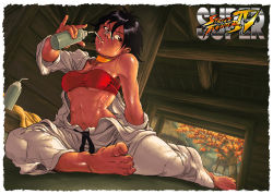 1girl abs bandages barefoot black_hair breasts brown_eyes capcom choker clothes_down dark-skinned_female dark_skin dougi drinking feet fernando_carvalho highres makoto_(street_fighter) medium_breasts navel off_shoulder pinky_out ribbon_choker scarf shirt solo strapless street_fighter street_fighter_iii_(series) street_fighter_iv_(series) sweat taut_clothes taut_shirt toes toned towel tube_top underboob undressing water rating:Questionable score:94 user:danbooru