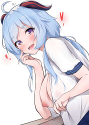  1girl ahoge blue_hair breasts bush dermar flashing ganyu_(genshin_impact) genshin_impact heart highres horns large_breasts long_hair looking_at_viewer nipples open_clothes open_mouth open_shirt oppai_challenge purple_eyes shirt short_sleeves sidelocks signature simple_background smile solo uniform white_background white_shirt 