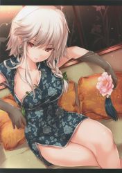  1girl absurdres braid breasts china_dress chinese_clothes cleavage collarbone crossed_legs detached_sleeves dress earrings elbow_gloves flower gloves highres holding izayoi_sakuya jewelry large_breasts legs lipstick long_hair looking_at_viewer makeup monety open_clothes pillow red_eyes serious shiny_skin single_braid sitting solo thighs touhou white_hair  rating:Sensitive score:46 user:Kentabarou