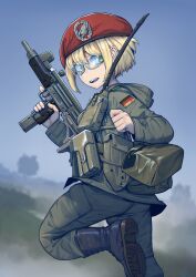  1girl absurdres ammunition_pouch beret blonde_hair blurry blurry_background boots buttoned_cuffs buttons commission erica_(naze1940) fallschirmjager german_army german_flag glasses green_eyes gun hat highres holding holding_gun holding_weapon hood jacket load_bearing_equipment looking_at_viewer looking_back medal military_jacket open_mouth original pouch radio radio_antenna red_hat short_hair solo standing standing_on_one_leg submachine_gun tactical_clothes trigger_discipline uzi walkie-talkie weapon 