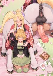  2girls absurdres animal_ears animal_penis anus blonde_hair breasts centaur commentary drunk english_commentary full-package_futanari futa_with_female futanari grinding highres hooves horse_ears horse_penis horse_tail huge_breasts incest japanese_clothes kimono large_penis long_hair mother_and_daughter multiple_girls norza original penis picnic pussy sketch small_breasts smile tail taur testicles veins veiny_penis 