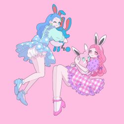  2girls animal_ear_hairband animal_ears azumarill bloomers blue_dress blue_eyes blue_hair braid closed_mouth commentary creatures_(company) crossover dress fake_animal_ears full_body game_freak gen_1_pokemon gen_2_pokemon hairband highres holding holding_pokemon hug invisible_chair king_of_prism king_of_prism:_shiny_seven_stars long_hair looking_at_viewer multiple_girls nintendo nyaasechan one_eye_closed open_mouth pink_background pink_eyes pink_footwear pink_hair pokemon pokemon_(creature) pretty_rhythm pretty_series purple_dress rabbit_ear_hairband rabbit_ears saionji_kirari saionji_yurari shoes siblings side_braid simple_background sisters sitting socks symbol-only_commentary twins underwear white_socks wigglytuff 