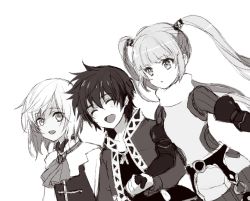 1girl 2boys asbel_lhant bad_id bad_pixiv_id closed_eyes hirosuke hirosuke_(psychexx) holding_hands long_hair monochrome multiple_boys multiple_girls open_mouth richard_(tales) short_hair simple_background smile sophie_(tales) tales_of_(series) tales_of_graces twintails white_background rating:Sensitive score:1 user:danbooru