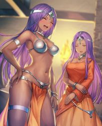  2girls absurdres anbe_yoshirou armlet bare_shoulders blurry blurry_background bracelet breasts circlet cleavage closed_eyes collarbone commentary_request dancer&#039;s_costume_(dq) dark-skinned_female dark_skin dragon_quest dragon_quest_iv dress earrings female_focus fingernails hand_on_own_hip highres indoors jewelry light_smile lips long_hair manya_(dq4) medium_breasts midriff minea_(dq4) multiple_girls navel open_mouth orange_dress parted_bangs pelvic_curtain purple_hair siblings sisters skindentation stomach thigh_strap thighlet thighs twins  rating:Sensitive score:70 user:danbooru