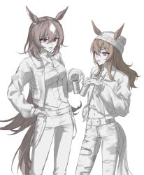  2girls animal_ears beanie belt boss_coffee breasts brown_hair can canned_coffee collared_jacket collared_shirt denim dice_necklace drink_can ears_through_headwear fingerless_gloves gloves gul_(parfaitgul) hand_on_own_hip hat highres holding holding_can horse_ears horse_girl horse_tail jacket jeans long_hair long_sleeves looking_at_another looking_at_viewer midriff multiple_girls nakayama_festa_(umamusume) navel open_clothes open_jacket open_mouth pants partially_colored pink_eyes product_placement red_eyes shirt sirius_symboli_(umamusume) small_breasts smile standing tail torn_clothes torn_pants torn_shirt umamusume 