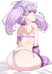  1girl ass back bikini blush bow bow_bikini elbow_gloves feet_out_of_frame from_behind gloves long_hair looking_at_viewer looking_back purple_bikini purple_eyes purple_gloves purple_hair purple_thighhighs sitting smile solo swimsuit thighhighs tottotonero twintails voiceroid white_background yuzuki_yukari  rating:Questionable score:104 user:danbooru
