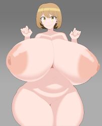  1girl absurdres breasts breasts_apart brown_eyes brown_hair completely_nude cowboy_shot dot_nose duskyer female_focus gigantic_breasts grey_background highres large_areolae matching_hair/eyes narusawa_ryouka navel nipples nude occultic;nine plump short_hair smile solo thick_thighs thighs w_arms wide_hips 