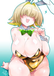  :3 :d ahoge animal_ears bare_shoulders blonde_hair blush bow bowtie breasts cleavage curvy detached_collar elegg_(nikke) fake_animal_ears goddess_of_victory:_nikke green_bow green_bowtie hair_intakes hair_over_eyes highleg highleg_leotard huge_breasts leotard long_bangs looking_at_viewer multicolored_hair navel open_mouth playboy_bunny rabbit_ears shiny_skin shirogane_(cufsser) short_hair signature sitting smile strapless strapless_leotard thighs two-tone_hair wide_hips wrist_cuffs yellow_leotard  rating:Sensitive score:6 user:Leksa