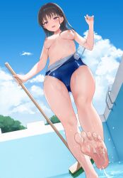  1girl bare_legs barefoot blue_one-piece_swimsuit blush breasts broom cameltoe clothes_pull cloud dutch_angle feet foot_up from_below groin hair_ornament hairclip highres holding holding_broom looking_at_viewer medium_breasts medium_hair navel nipples non-web_source one-piece_swimsuit one-piece_swimsuit_pull open_mouth original outdoors pool purple_eyes school_swimsuit sekiya_asami sky smile soles standing standing_on_one_leg swimsuit thighs toes underboob water_drop wet  rating:Questionable score:48 user:spiderfan