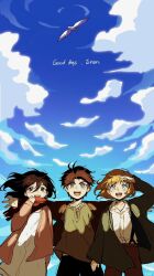  1girl 2boys :d armin_arlert bird black_eyes black_hair black_pants blonde_hair blue_eyes blue_sky brown_hair brown_jacket brown_pants brown_shirt cloud commentary cowboy_shot day dress english_text eren_yeager fish7163 floating_hair green_eyes green_jacket hand_up highres jacket long_sleeves looking_at_viewer looking_up medium_hair mikasa_ackerman multiple_boys open_mouth outdoors outstretched_arms pants pink_jacket red_scarf scarf seagull shingeki_no_kyojin shirt shirt_tucked_in short_hair side-by-side sky smile spread_arms standing symbol-only_commentary white_dress white_shirt wind 