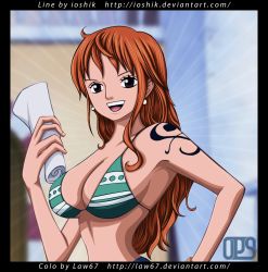 breasts cleavage earrings highres jewelry large_breasts nami one_piece orange_hair swimsuit tattoo rating:Questionable score:0 user:thousandmaster