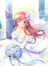 1girl back_bow bad_id bad_pixiv_id bare_shoulders blue_bow blue_eyes blue_ribbon blush bouquet bow breasts bridal_veil brown_hair cleavage closed_mouth collarbone commentary_request dress elbow_gloves flower from_above gloves go-toubun_no_hanayome hair_between_eyes highres indoors jewelry large_breasts lens_flare long_hair looking_at_viewer mutsuba_fumi nakano_miku necklace ribbon rose smile solo veil wedding wedding_dress rating:Sensitive score:12 user:danbooru