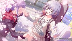  3girls ^_^ aoba_moca asahi_rokka bang_dream! black_jacket blush brown_skirt cherry_blossoms choker closed_eyes collarbone commentary_request copyright_name dappled_sunlight drill_hair falling_petals fang film_grain hair_between_eyes hair_ornament hair_scrunchie highres holding_hands hood hood_down hooded_jacket instrument_case instrument_on_back jacket jewelry key long_sleeves low_side_ponytail multiple_girls necklace official_art open_mouth outdoors petals purple_hair red_choker red_scrunchie scrunchie short_hair sidelocks skirt spiked_choker spikes sunlight teeth translation_request twin_drills udagawa_ako upper_teeth_only white_hair 