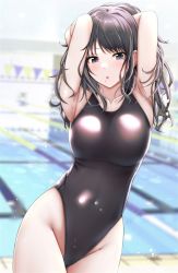  1girl aga_marino arms_behind_head bad_id bad_twitter_id black_eyes black_hair black_one-piece_swimsuit blurry blurry_background breasts competition_swimsuit cowboy_shot idolmaster idolmaster_shiny_colors kazano_hiori looking_at_viewer medium_breasts mole mole_under_mouth one-piece_swimsuit open_mouth pool solo string_of_flags swimsuit  rating:Sensitive score:29 user:danbooru