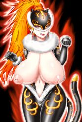  1girl animal_costume animal_ears animal_hands bodysuit breasts breasts_out cat_costume cat_ears cat_girl cat_tail character_request curvy earrings female_focus gloves gradient_hair highres huge_breasts jewelry kurotama lipstick long_hair makeup mask multicolored_hair navel nipples orange_hair ponytail puffy_nipples red_eyes sagging_breasts solo standing tail tongue  rating:Questionable score:50 user:Xander