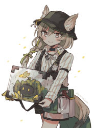  1girl animal animal_ear_fluff animal_ears arknights beanstalk_(arknights) black_hat blush box braid brown_eyes bucket_hat cage collared_shirt green_shorts hat highres holding holding_box holding_cage hyena_ears hyena_tail id_card light_brown_hair long_sleeves looking_at_viewer metal_crab_(arknights) peacake_(arknights) shirt shorts simple_background smile striped_clothes striped_shirt sushitarou tail twitter_username vest white_background white_shirt 