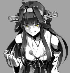  1girl absurdres ahoge bare_shoulders breasts commentary_request detached_sleeves double_bun ebiblue gesugao greyscale hair_bun hairband hand_up headgear highres japanese_clothes kantai_collection kongou_(kancolle) kongou_kai_ni_(kancolle) long_hair looking_at_viewer monochrome nontraditional_miko open_mouth school_uniform shaded_face slit_pupils smile solo spot_color yellow_eyes  rating:Questionable score:20 user:danbooru