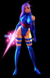  1girl artist_name bare_shoulders black_background blue_leotard breasts covered_navel curvy energy_sword fingerless_gloves gloves glowing glowing_hand highleg highleg_leotard highres impossible_clothes impossible_leotard large_breasts leotard lips long_hair looking_to_the_side marvel psylocke revealing_clothes robaato sash shiny_clothes simple_background skin_tight solo standing superhero_costume sword thong_leotard weapon wide_hips x-men 