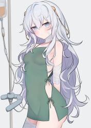  1girl absurdres alternate_costume bandaged_arm bandaged_leg bandaged_neck bandages bandaid bandaid_on_cheek bandaid_on_face blush breasts closed_mouth commentary commission covered_erect_nipples girls&#039;_frontline grey_eyes highres intravenous_drip long_hair looking_at_viewer messy_hair pixiv_commission re1kirisaki342 ribeyrolles_(girls&#039;_frontline) simple_background small_breasts solo white_background white_hair 