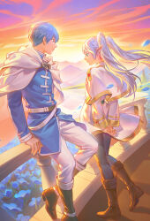  1boy 1girl arms_behind_back black_footwear black_pantyhose blue_eyes blue_flower blue_hair blue_jacket boots brown_footwear cape capelet closed_mouth dusk earrings floating_hair flower frieren gem green_eyes highres himmel_(sousou_no_frieren) jacket jewelry long_hair long_sleeves looking_at_another miniskirt outdoors pantyhose pointy_ears profile red_gemstone short_hair skirt smile sousou_no_frieren tamias twintails white_cape white_capelet white_hair white_skirt 