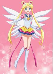  1girl bishoujo_senshi_sailor_moon bishoujo_senshi_sailor_moon_crystal blonde_hair blue_eyes blue_sailor_collar boots choker dot_nose double_bun elbow_gloves eternal_sailor_moon feathered_wings full_body gloves hair_bun heart heart_choker highres knee_boots magical_girl official_art open_mouth pink_background pink_choker promotional_art sailor_collar sailor_moon sailor_senshi sailor_senshi_uniform solo standing third-party_source tsukino_usagi twintails white_footwear white_gloves white_wings wings 