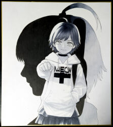  1girl ahoge choker commentary_request greyscale guitar_case hood hoodie instrument_case looking_at_viewer marker_(medium) monochrome original photo_(medium) rustle shikishi short_hair skirt smile solo traditional_media 