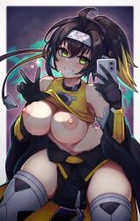  1girl ahoge bare_shoulders black_hair blonde_hair breasts cleavage clothes_lift commission duel_monster forehead_protector gloves gradient_hair green_eyes highres large_breasts multicolored_hair nipples pixiv_commission poifuru ponytail s-force_rappa_chiyomaru selfie shirt_lift solo thighhighs yu-gi-oh!  rating:Questionable score:5 user:danbooru