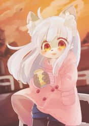  1girl blurry blurry_background blush borrowed_character brown_eyes coat depth_of_field dog furry furry_female gloves highres long_hair looking_at_viewer open_mouth outdoors pantyhose patton_msac shorts sleeves_past_wrists smile solo sweater tagme wind 