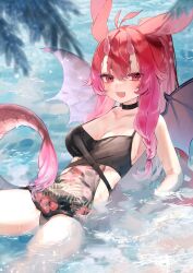  1girl :d ahoge animal_ears arm_support bikini black_choker braid breasts choker cleavage dragon_girl dragon_horns dragon_tail hair_between_eyes highres horns leaning_back long_hair looking_at_viewer medium_breasts open_mouth original partially_submerged ponytail red_eyes red_hair smile solo swimsuit tail tamafurin water wet wings 