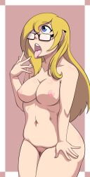  1girl artist_request bad_anatomy blonde_hair blue_eyes breasts glasses highres long_hair medium_breasts navel nipples nude open_mouth plump solo tongue tongue_out  rating:Explicit score:12 user:tonvenido