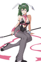  1girl animal_ears arm_strap bare_shoulders black_footwear black_leotard bow breasts card clothing_cutout detached_collar fake_animal_ears fikkyun fishnet_pantyhose fishnets full_body green_hair hair_between_eyes headband high_heels highres leotard licking_lips long_hair looking_at_viewer medium_breasts pantyhose pink_nails playboy_bunny playing_card polearm purple_eyes rabbit_ears side_ponytail simple_background sitting smile solo sousou_no_frieren spear stomach_cutout tongue tongue_out ubel_(sousou_no_frieren) weapon white_background white_headband 