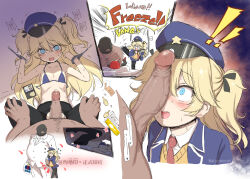  1boy 2girls akazawa_red blazer blonde_hair blue_eyes blush breasts girls&#039;_frontline hair_between_eyes hat jacket loli long_hair mask masked multiple_girls necktie penis penis_on_face police police_hat police_uniform policewoman pregnant rape restrained skirt small_breasts super-shorty_(girls&#039;_frontline) thighhighs torn_clothes twintails uniform  rating:Explicit score:95 user:danbooru