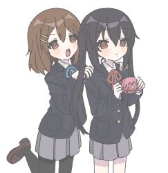  2girls :d black_hair black_jacket black_pantyhose blazer blue_ribbon brown_eyes brown_footwear brown_hair closed_mouth cup grey_skirt hair_ornament hairclip hands_on_another&#039;s_shoulders hirasawa_yui holding holding_cup jacket k-on! loafers long_hair looking_at_viewer multiple_girls nakano_azusa nanonome neck_ribbon open_mouth pantyhose pleated_skirt red_ribbon ribbon sakuragaoka_high_school_uniform school_uniform shoes short_hair simple_background skirt smile standing teacup teeth tongue twintails upper_teeth_only white_background winter_uniform 