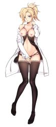 1girl ahoge arm_up bad_id bad_pixiv_id black_panties black_thighhighs blonde_hair blue_eyes blush bow breastless_clothes breasts coat collarbone covering_privates covering_crotch dakimakura_(medium) full_body highres lab_coat lace lace-trimmed_legwear lace_trim lingerie long_sleeves medium_breasts mercy_(overwatch) navel nippleless_clothes nipples open_clothes open_coat overwatch overwatch_1 panties pink_bow ponytail seok short_hair simple_background solo standing stomach thighhighs underwear white_background rating:Questionable score:64 user:danbooru