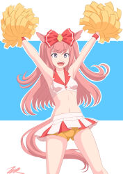  1girl agnes_digital_(umamusume) animal_ears arms_up blue_background blue_eyes border bow breasts cheerleader cowboy_shot dot_nose gluteal_fold hair_bow highres horse_ears horse_girl horse_tail letterboxed long_hair midriff open_mouth outline pink_hair pleated_skirt pom_pom_(cheerleading) red_wristband shirt short_shorts shorts shorts_under_skirt skirt sleeveless sleeveless_shirt small_breasts solo standing t2r tail tareme two-tone_background umamusume white_border white_outline white_skirt yellow_shorts 