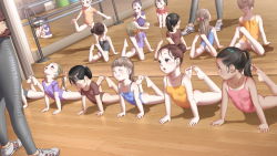  1other 6+girls a-801 absurdres aqua_shirt arched_back ass bare_shoulders barefoot blue_eyes blue_shirt blush brown_shirt closed_eyes collarbone covered_erect_nipples feet feet_together female_focus flat_chest frilled_sleeves frills full_body hair_bun hands_on_own_hips highres holding_own_foot kneepits knees_up legs legs_folded loli long_hair looking_at_another looking_up mirror multiple_girls nipples nipples_through_clothes nipples_visible_through_clothes no_footwear no_legwear no_pants no_shoes no_socks on_floor open_mouth pants pink_shirt ponytail purple_shirt red_shirt shirt shoes short_hair short_sleeves short_socks sitting size_difference socks soles spread_legs standing standing_on_one_leg tagme tan tanline teeth thighs toe_scrunch toes upper_teeth_only white_socks wooden_floor yellow_shirt 