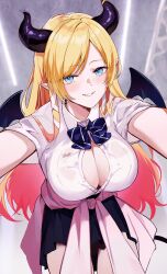  1girl absurdres alternate_costume aya02ka black_skirt blonde_hair blue_eyes breast_tattoo breasts cleavage clothes_around_waist collared_shirt commentary_request demon_girl demon_horns demon_wings gradient_hair heart heart_tattoo highres hololive horns jacket jacket_around_waist large_breasts long_hair looking_at_viewer multicolored_hair outstretched_arms parted_lips partially_unbuttoned pink_hair pink_jacket pleated_skirt pointy_ears see-through see-through_shirt shirt short_sleeves skirt smile solo tattoo two-tone_hair unbuttoned unbuttoned_shirt virtual_youtuber wings yuzuki_choco 