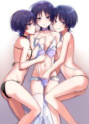  3boys absurdres androgynous ass bikini blue_eyes crossdressing genshin_impact highres kyooami multiple_boys navel nipples purple_eyes purple_hair scaramouche_(genshin_impact) selfcest short_hair swimsuit thighhighs topless_male trap trap_on_trap underwear white_thighhighs yaoi  rating:Questionable score:102 user:danbooru