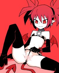  1girl :3 akableak ankle_boots arm_support ass bare_shoulders black_bra black_footwear black_gloves black_ribbon black_shorts black_thighhighs boots bra breasts bright_pupils choker cleft_of_venus closed_mouth commentary demon_girl demon_tail demon_wings disgaea earrings elbow_gloves english_commentary etna_(disgaea) foot_out_of_frame frontal_wedgie gloves grey_choker groin hair_ribbon hair_up highres jewelry knee_up leaning_back lifted_by_self light_smile loli looking_at_self looking_down lounging makai_senki_disgaea midriff mini_wings naughty_face no_panties o-ring o-ring_choker partially_visible_vulva pink_background pointy_ears pussy red_background red_bracelet red_eyes red_hair red_tail red_wings ribbon short_twintails shorts shorts_lift sitting skull_earrings small_breasts smile solo spread_legs strapless strapless_bra studded_bracelet tail thighhighs tsurime twintails underwear white_pupils wide_spread_legs wings 