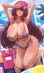  1girl absurdres armpits arms_up bare_shoulders bikini blush bracelet breasts cleavage collarbone fate/grand_order fate_(series) flower hair_between_eyes hair_flower hair_ornament hibiscus highres huge_breasts jewelry long_hair looking_at_viewer navel nuo_(fttv3255) open_mouth purple_bikini purple_hair red_eyes scathach_(fate) scathach_(fate/grand_order) scathach_(swimsuit_assassin)_(fate) solo swimsuit thighs 