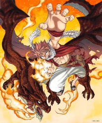 1boy abs cleaned dragon fairy_tail fire highres igneel male_focus mashima_hiro natsu_dragneel official_art open_clothes open_vest pink_hair sandals scarf vest rating:Sensitive score:18 user:dmysta3000