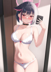  1girl animal_ears black_choker black_hair blue_archive blush bra breasts cat_ears choker cleavage closed_mouth colored_inner_hair commentary_request extra_ears full-length_mirror halo highres holding holding_phone kazusa_(blue_archive) looking_at_viewer mirror multicolored_hair navel panties phone pink_hair pink_halo red_eyes selfie short_hair smile solo tatsumiya_kagari underwear underwear_only white_bra white_panties 