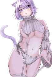  1girl :3 alternate_costume animal_ear_fluff animal_ears bare_shoulders blush breasts cat_ears cat_girl cat_tail covered_erect_nipples cropped_sweater detached_sleeves garter_straps getsuya hair_between_eyes highres hololive large_breasts looking_at_viewer meme_attire navel nekomata_okayu panties purple_eyes purple_hair ribbed_panties ribbed_sleeves ribbed_sweater ribbed_thighhighs short_hair side-tie_panties simple_background sleeveless sleeveless_sweater sleeveless_turtleneck smile solo sweater tail thighhighs thighs turtleneck turtleneck_sweater underwear virgin_destroyer_sweater virtual_youtuber white_background white_garter_straps white_sweater 