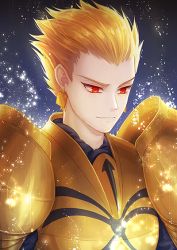  1boy armor blonde_hair fate/stay_night fate_(series) gilgamesh_(fate) gradient_background hair_slicked_back lapistool male_focus red_eyes solo sparkle 